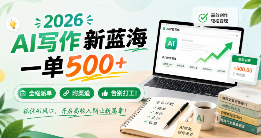 2026 AI写作新蓝海,一单500+,全程派单,附渠道,告别打工!【揭秘】瀚萌资源网-网赚网-网赚项目网-虚拟资源网-国学资源网-易学资源网-本站有全网最新网赚项目-易学课程资源-中医课程资源的在线下载网站!瀚萌资源网