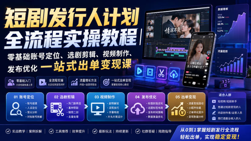 短剧发行人计划全流程实操教程｜零基础账号定位、选剧剪辑、视频制作、发布优化一站式出单变现课​瀚萌资源网-网赚网-网赚项目网-虚拟资源网-国学资源网-易学资源网-本站有全网最新网赚项目-易学课程资源-中医课程资源的在线下载网站！瀚萌资源网