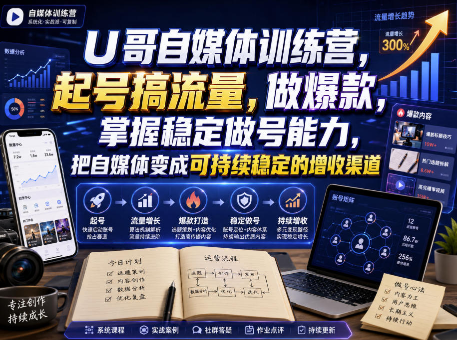 U哥自媒体训练营，起号搞流量，做爆款，掌握稳定做号能力，把自媒体变成可持续稳定的增收渠道瀚萌资源网-网赚网-网赚项目网-虚拟资源网-国学资源网-易学资源网-本站有全网最新网赚项目-易学课程资源-中医课程资源的在线下载网站！瀚萌资源网
