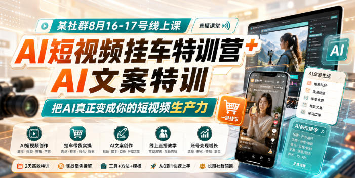 某社群8月16-17号线上课，AI短视频挂车特训营+AI文案特训，把AI真正变成你的短视频生产力瀚萌资源网-网赚网-网赚项目网-虚拟资源网-国学资源网-易学资源网-本站有全网最新网赚项目-易学课程资源-中医课程资源的在线下载网站！瀚萌资源网