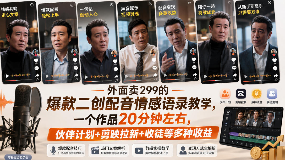 外面卖299的爆款二创配音情感语录教学，一个作品20分钟左右，伙伴计划+剪映拉新+收徒等多种收益瀚萌资源网-网赚网-网赚项目网-虚拟资源网-国学资源网-易学资源网-本站有全网最新网赚项目-易学课程资源-中医课程资源的在线下载网站！瀚萌资源网