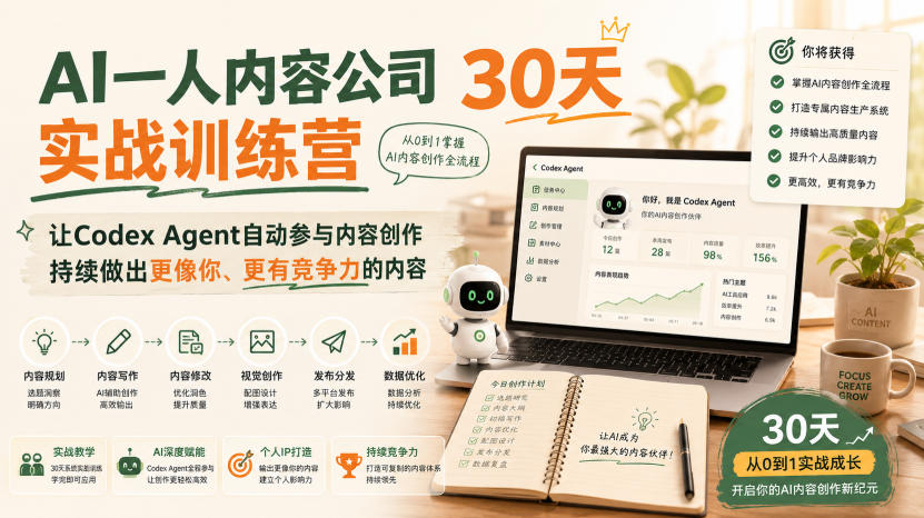 AI一人内容公司30天实战训练营，让Codex Agent自动参与内容创作持续做出更像你、更有竞争力的内容瀚萌资源网-网赚网-网赚项目网-虚拟资源网-国学资源网-易学资源网-本站有全网最新网赚项目-易学课程资源-中医课程资源的在线下载网站！瀚萌资源网