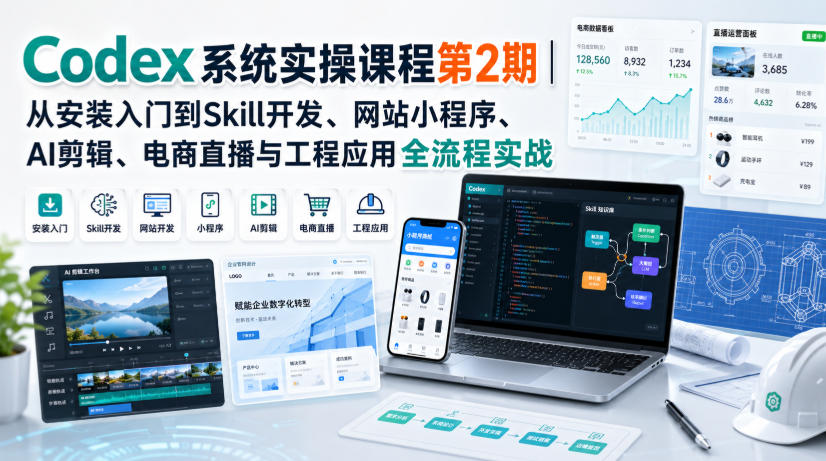 Codex系统实操课程第2期｜从安装入门到Skill开发、网站小程序、AI剪辑、电商直播与工程应用全流程实战瀚萌资源网-网赚网-网赚项目网-虚拟资源网-国学资源网-易学资源网-本站有全网最新网赚项目-易学课程资源-中医课程资源的在线下载网站！瀚萌资源网