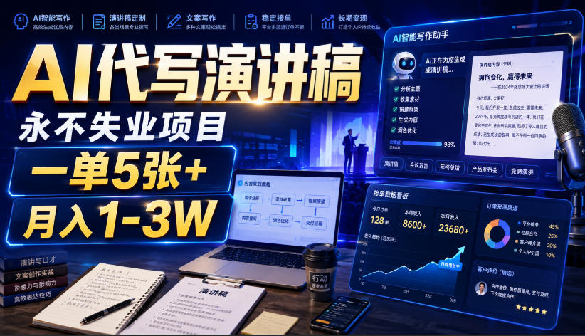 AI代写演讲稿，永不失业项目，一单5张+，月入1-3W【揭秘】瀚萌资源网-网赚网-网赚项目网-虚拟资源网-国学资源网-易学资源网-本站有全网最新网赚项目-易学课程资源-中医课程资源的在线下载网站！瀚萌资源网