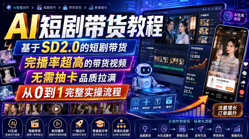 AI短剧带货教程，基于SD2.0的短剧带货，完播率超高的带货视频，无需抽卡品质拉满，从0到1完整实操流程瀚萌资源网-网赚网-网赚项目网-虚拟资源网-国学资源网-易学资源网-本站有全网最新网赚项目-易学课程资源-中医课程资源的在线下载网站！瀚萌资源网