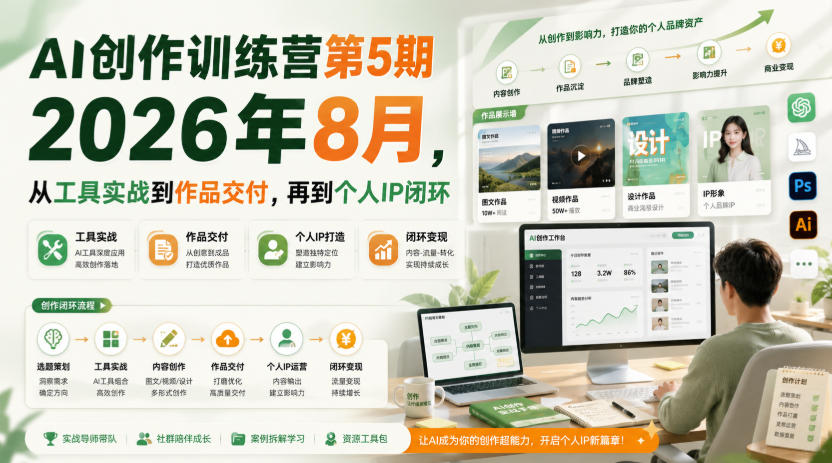 AI创作训练营第5期2026年8月，从工具实战到作品交付，再到个人IP闭环瀚萌资源网-网赚网-网赚项目网-虚拟资源网-国学资源网-易学资源网-本站有全网最新网赚项目-易学课程资源-中医课程资源的在线下载网站！瀚萌资源网