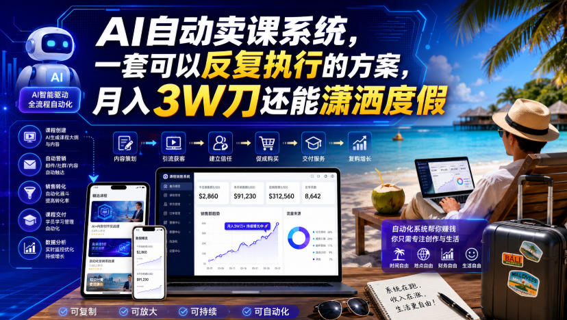 AI自动卖课系统，一套可以反复执行的方案，月入3W刀还能潇洒度假【原创双语字幕】瀚萌资源网-网赚网-网赚项目网-虚拟资源网-国学资源网-易学资源网-本站有全网最新网赚项目-易学课程资源-中医课程资源的在线下载网站！瀚萌资源网
