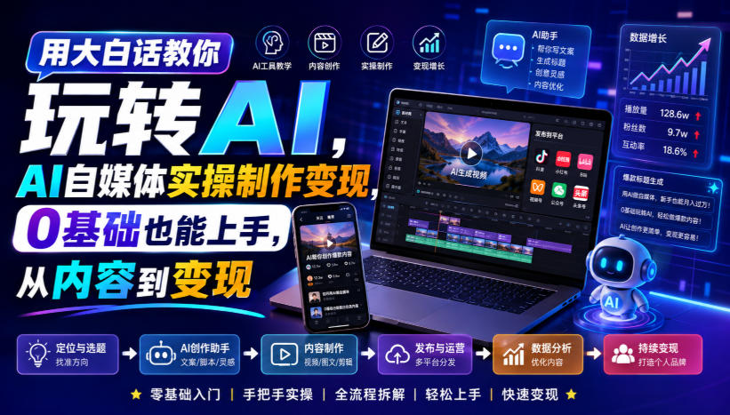 用大白话教你玩转AI，AI自媒体实操制作变现，0基础也能上手，从内容到变现瀚萌资源网-网赚网-网赚项目网-虚拟资源网-国学资源网-易学资源网-本站有全网最新网赚项目-易学课程资源-中医课程资源的在线下载网站！瀚萌资源网