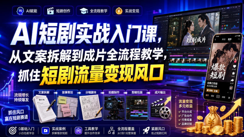 AI短剧实战入门课，从文案拆解到成片全流程教学，抓住短剧流量变现风口瀚萌资源网-网赚网-网赚项目网-虚拟资源网-国学资源网-易学资源网-本站有全网最新网赚项目-易学课程资源-中医课程资源的在线下载网站！瀚萌资源网