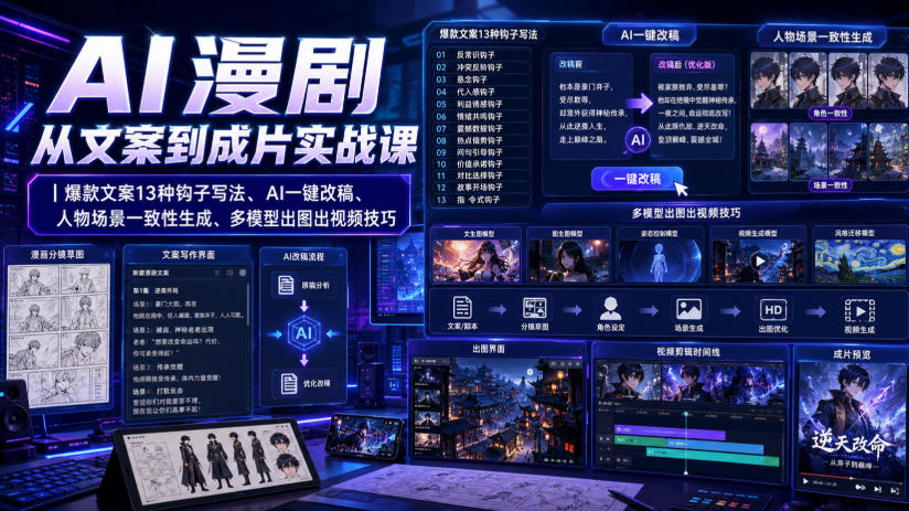 AI漫剧从文案到成片实战课｜爆款文案13种钩子写法、AI一键改稿、人物场景一致性生成、多模型出图出视频技巧瀚萌资源网-网赚网-网赚项目网-虚拟资源网-国学资源网-易学资源网-本站有全网最新网赚项目-易学课程资源-中医课程资源的在线下载网站！瀚萌资源网