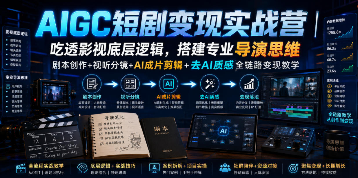 AIGC短剧变现实战营｜吃透影视底层逻辑，搭建专业导演思维，剧本创作+视听分镜+AI成片剪辑+去AI质感全链路变现教学瀚萌资源网-网赚网-网赚项目网-虚拟资源网-国学资源网-易学资源网-本站有全网最新网赚项目-易学课程资源-中医课程资源的在线下载网站！瀚萌资源网