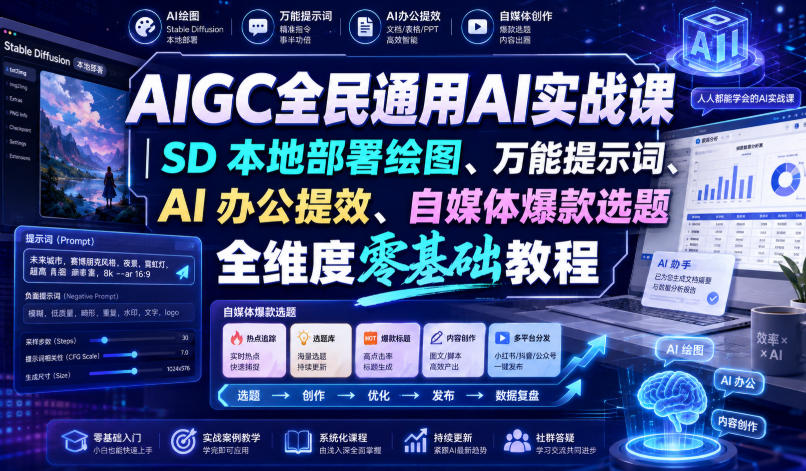 AIGC全民通用AI实战课｜SD本地部署绘图、万能提示词、AI办公提效、自媒体爆款选题全维度零基础教程瀚萌资源网-网赚网-网赚项目网-虚拟资源网-国学资源网-易学资源网-本站有全网最新网赚项目-易学课程资源-中医课程资源的在线下载网站！瀚萌资源网