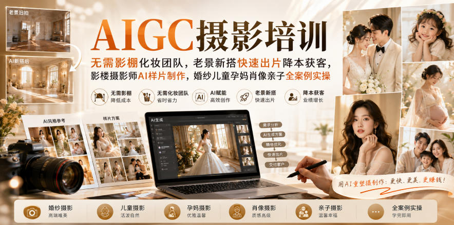 AIGC摄影培训｜无需影棚化妆团队，老景新搭快速出片降本获客，影楼摄影师AI样片制作，婚纱儿童孕妈肖像亲子全案例实操瀚萌资源网-网赚网-网赚项目网-虚拟资源网-国学资源网-易学资源网-本站有全网最新网赚项目-易学课程资源-中医课程资源的在线下载网站！瀚萌资源网