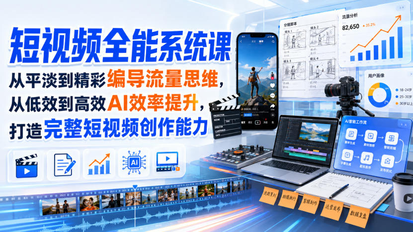 短视频全能系统课，从平淡到精彩编导流量思维，从低效到高效AI效率提升，打造完整短视频创作能力（2026年8月30更新233集）瀚萌资源网-网赚网-网赚项目网-虚拟资源网-国学资源网-易学资源网-本站有全网最新网赚项目-易学课程资源-中医课程资源的在线下载网站！瀚萌资源网