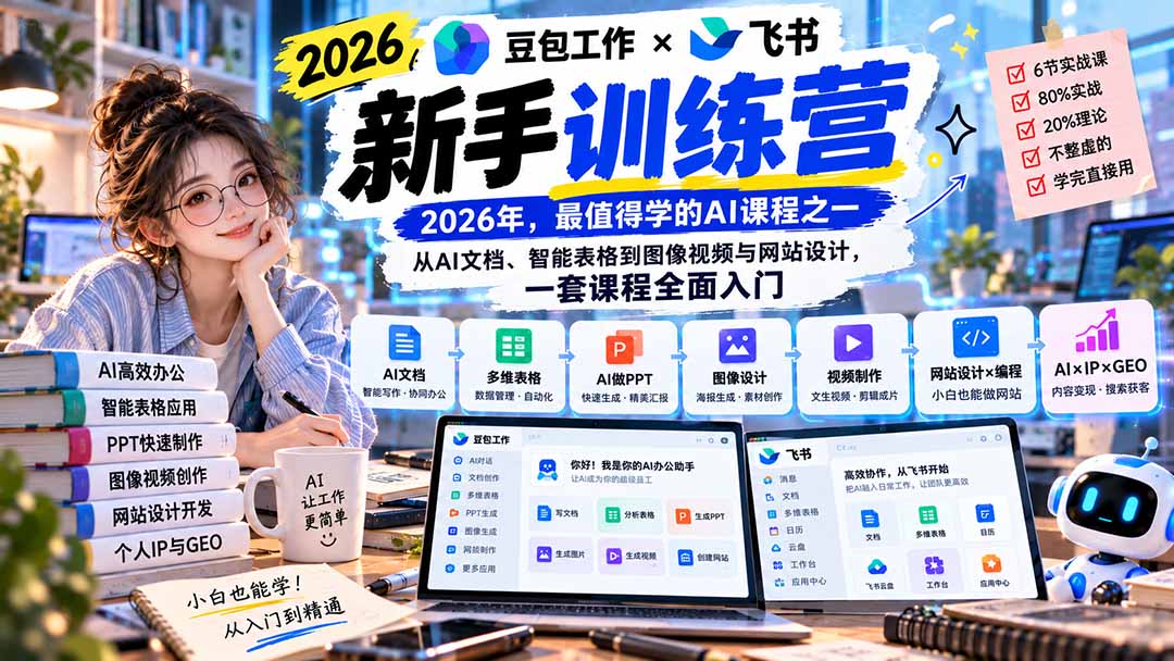（20645期）2026豆包工作+飞书新手训练营-9月新课：从AI文档、智能表格到图像视频与网站设计，一套课程全面入门瀚萌资源网-网赚网-网赚项目网-虚拟资源网-国学资源网-易学资源网-本站有全网最新网赚项目-易学课程资源-中医课程资源的在线下载网站！瀚萌资源网