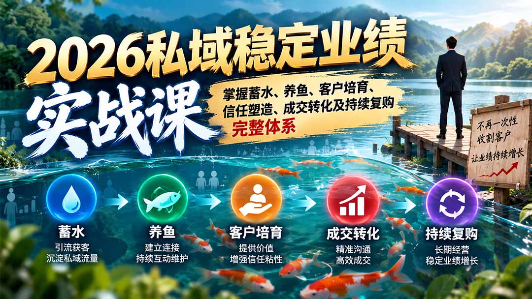 （20710期）2026私域稳定业绩实战课：掌握蓄水、养鱼、客户培育、信任塑造、成交转化及持续复购完整体系瀚萌资源网-网赚网-网赚项目网-虚拟资源网-国学资源网-易学资源网-本站有全网最新网赚项目-易学课程资源-中医课程资源的在线下载网站！瀚萌资源网