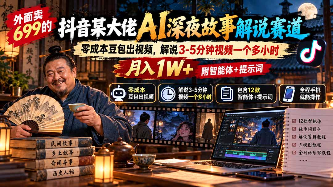 （20648期）外面卖699的抖音某大佬AI深夜故事解说赛道：零成本豆包出视频，解说3-5分钟视频一个多小时，月入1W+附智能体+提示词瀚萌资源网-网赚网-网赚项目网-虚拟资源网-国学资源网-易学资源网-本站有全网最新网赚项目-易学课程资源-中医课程资源的在线下载网站！瀚萌资源网
