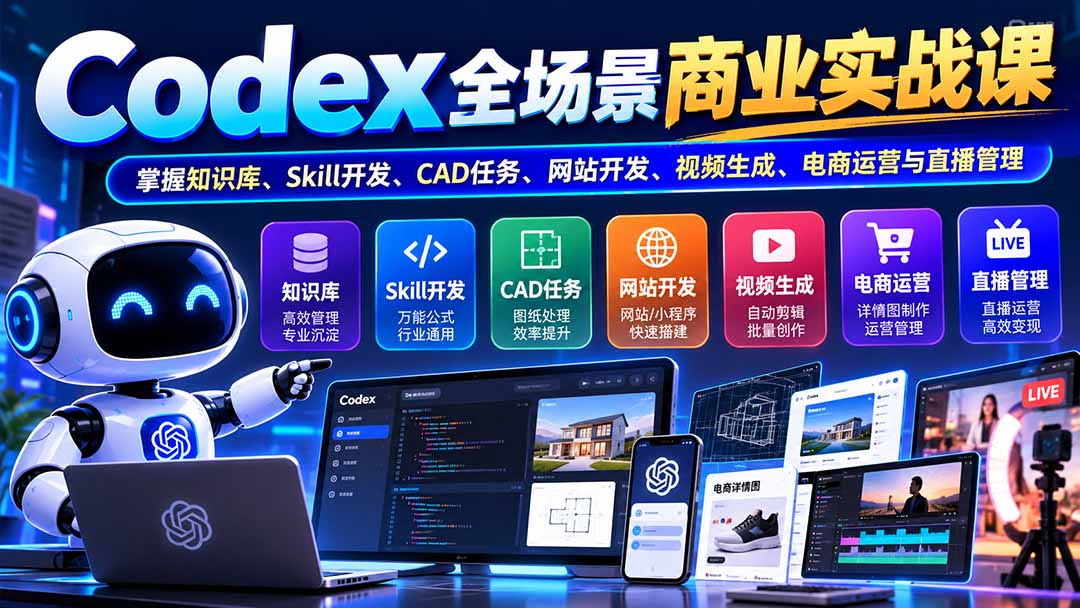 （20712期）【无水印】Codex全场景商业实战课：掌握知识库、Skill开发、CAD任务、网站开发、视频生成、电商运营与直播管理瀚萌资源网-网赚网-网赚项目网-虚拟资源网-国学资源网-易学资源网-本站有全网最新网赚项目-易学课程资源-中医课程资源的在线下载网站！瀚萌资源网