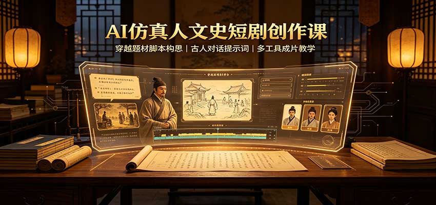 AI仿真人文史短剧创作课：穿越题材脚本构思，古人对话提示词，多工具成片教学瀚萌资源网-网赚网-网赚项目网-虚拟资源网-国学资源网-易学资源网-本站有全网最新网赚项目-易学课程资源-中医课程资源的在线下载网站！瀚萌资源网