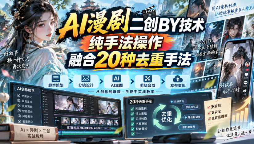 AI漫剧二创搬运技术，纯手法操作，融合20种去重手法瀚萌资源网-网赚网-网赚项目网-虚拟资源网-国学资源网-易学资源网-本站有全网最新网赚项目-易学课程资源-中医课程资源的在线下载网站！瀚萌资源网