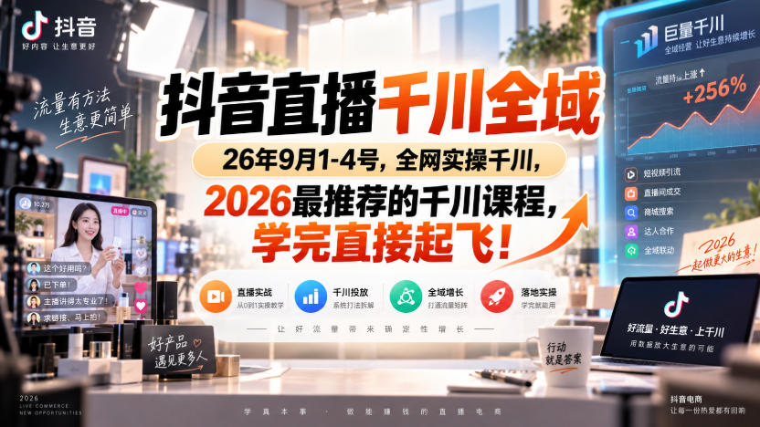 抖音直播千川全域26年9月1-4号，全网实操千川，2026最推荐的千川课程，学完直接起飞！瀚萌资源网-网赚网-网赚项目网-虚拟资源网-国学资源网-易学资源网-本站有全网最新网赚项目-易学课程资源-中医课程资源的在线下载网站！瀚萌资源网