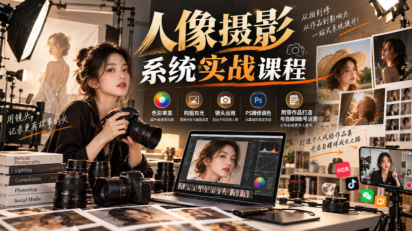 【无水印】人像摄影系统实战课程，色彩审美、构图布光、镜头运用、PS精修调色，附带作品打造与自媒体账号运营瀚萌资源网-网赚网-网赚项目网-虚拟资源网-国学资源网-易学资源网-本站有全网最新网赚项目-易学课程资源-中医课程资源的在线下载网站！瀚萌资源网