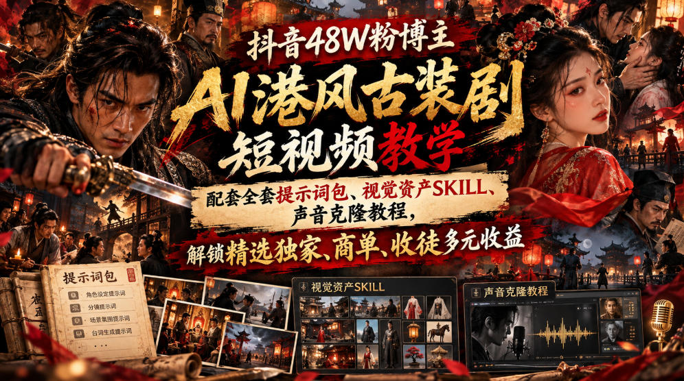 抖音48W粉博主AI港风古装剧短视频教学，配套全套提示词包、视觉资产SKILL、声音克隆教程，解锁精选独家、商单、收徒多元收益瀚萌资源网-网赚网-网赚项目网-虚拟资源网-国学资源网-易学资源网-本站有全网最新网赚项目-易学课程资源-中医课程资源的在线下载网站！瀚萌资源网