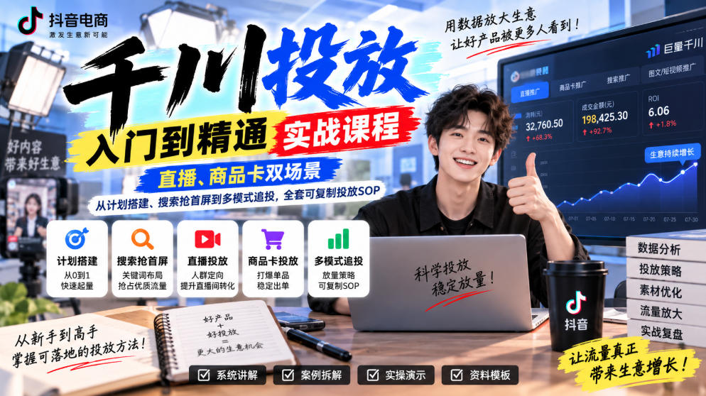 千川投放入门到精通实战课程，直播、商品卡双场景，从计划搭建、搜索抢首屏到多模式追投，全套可复制投放SOP瀚萌资源网-网赚网-网赚项目网-虚拟资源网-国学资源网-易学资源网-本站有全网最新网赚项目-易学课程资源-中医课程资源的在线下载网站！瀚萌资源网