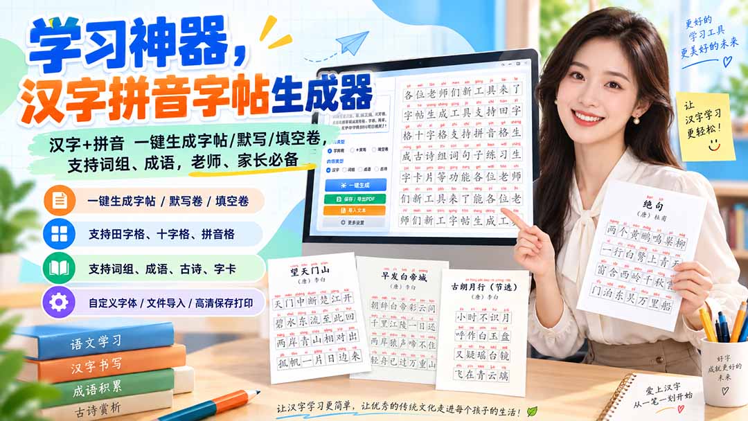 （20299期）学习神器，汉字拼音字帖生成器，汉字+拼音 一键生成字帖/默写/填空卷，支持词组、成语，老师、家长必备瀚萌资源网-网赚网-网赚项目网-虚拟资源网-国学资源网-易学资源网-本站有全网最新网赚项目-易学课程资源-中医课程资源的在线下载网站！瀚萌资源网