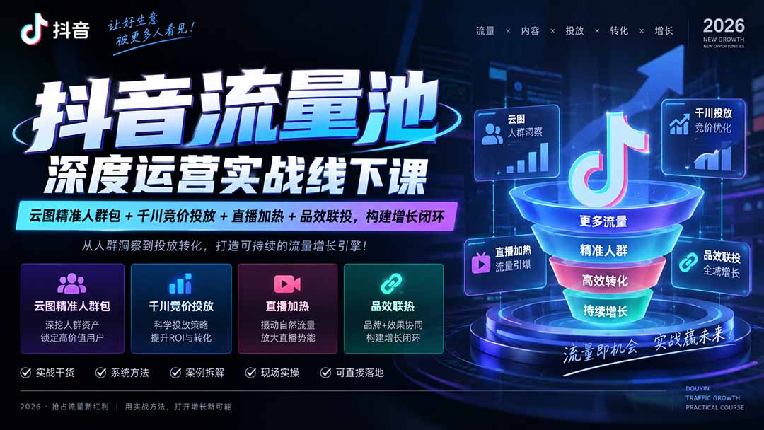 （20598期）抖音流量池深度运营实战线下课｜云图精准人群包+千川竞价投放+直播加热+品效联投，构建增长闭环瀚萌资源网-网赚网-网赚项目网-虚拟资源网-国学资源网-易学资源网-本站有全网最新网赚项目-易学课程资源-中医课程资源的在线下载网站！瀚萌资源网