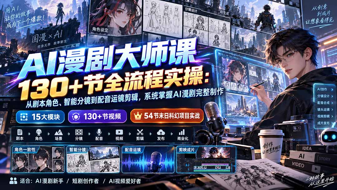（20326期）AI漫剧大师课130+节全流程实操：从剧本角色、智能分镜到配音运镜剪辑，系统掌握AI漫剧完整制作瀚萌资源网-网赚网-网赚项目网-虚拟资源网-国学资源网-易学资源网-本站有全网最新网赚项目-易学课程资源-中医课程资源的在线下载网站！瀚萌资源网