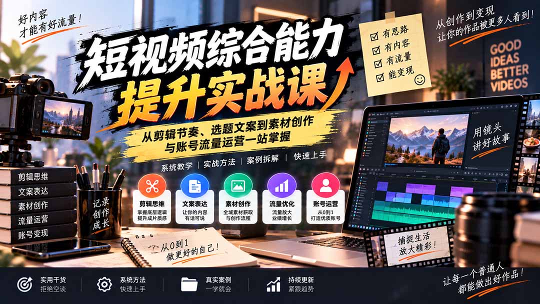 （20599期）短视频综合能力提升实战课：从剪辑节奏、选题文案到素材创作与账号流量运营一站掌握瀚萌资源网-网赚网-网赚项目网-虚拟资源网-国学资源网-易学资源网-本站有全网最新网赚项目-易学课程资源-中医课程资源的在线下载网站！瀚萌资源网