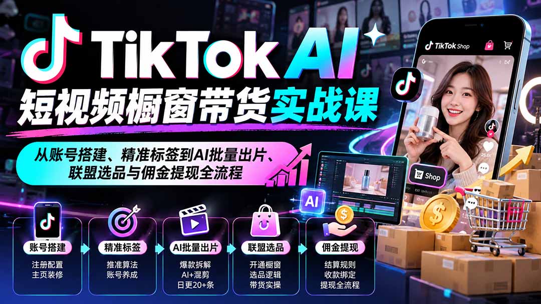 （20725期）TikTok AI短视频橱窗带货实战课：从账号搭建、精准标签到AI批量出片、联盟选品与佣金提现全流程瀚萌资源网-网赚网-网赚项目网-虚拟资源网-国学资源网-易学资源网-本站有全网最新网赚项目-易学课程资源-中医课程资源的在线下载网站！瀚萌资源网
