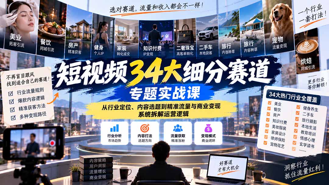 （20600期）短视频34大细分赛道专题实战课：从行业定位、内容选题到精准流量与商业变现，系统拆解运营逻辑瀚萌资源网-网赚网-网赚项目网-虚拟资源网-国学资源网-易学资源网-本站有全网最新网赚项目-易学课程资源-中医课程资源的在线下载网站！瀚萌资源网