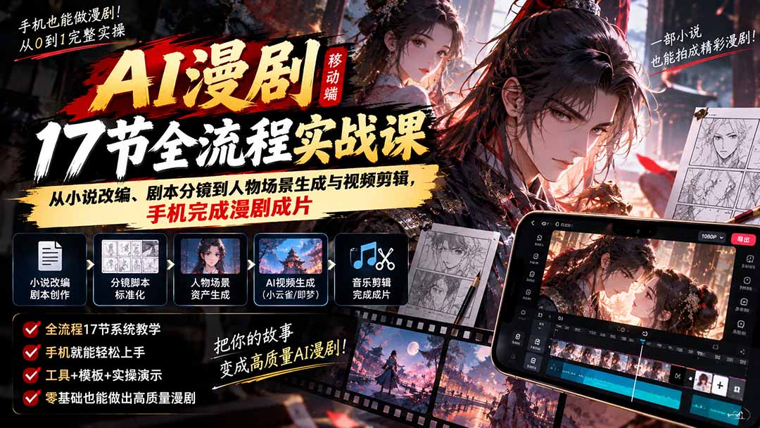（20624期）AI漫剧移动端17节全流程实战课：从小说改编、剧本分镜到人物场景生成与视频剪辑，手机完成漫剧成片瀚萌资源网-网赚网-网赚项目网-虚拟资源网-国学资源网-易学资源网-本站有全网最新网赚项目-易学课程资源-中医课程资源的在线下载网站！瀚萌资源网