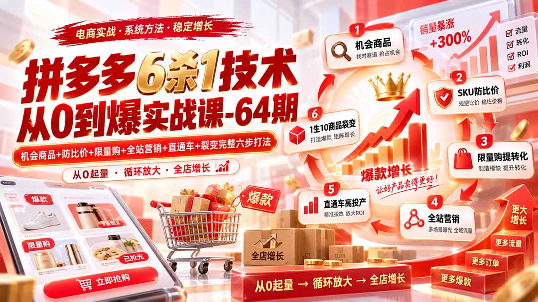 （20315期）拼多多6杀1技术从0到爆实战课-64期：机会商品+防比价+限量购+全站营销+直通车+裂变完整六步打法瀚萌资源网-网赚网-网赚项目网-虚拟资源网-国学资源网-易学资源网-本站有全网最新网赚项目-易学课程资源-中医课程资源的在线下载网站！瀚萌资源网
