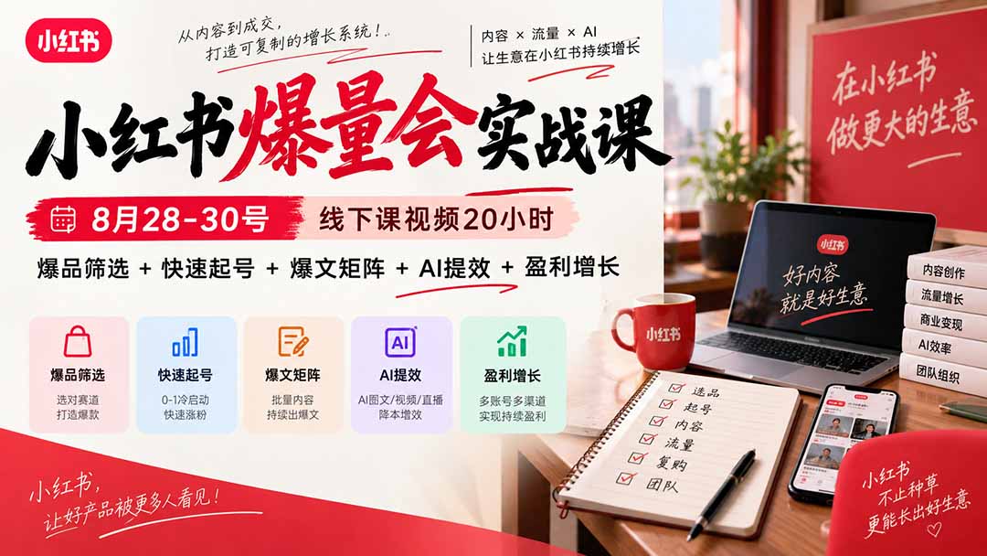 （20359期）小红书爆量会实战课：8月28-30号线下课视频20小时，爆品筛选+快速起号+爆文矩阵+AI提效+盈利增长瀚萌资源网-网赚网-网赚项目网-虚拟资源网-国学资源网-易学资源网-本站有全网最新网赚项目-易学课程资源-中医课程资源的在线下载网站！瀚萌资源网