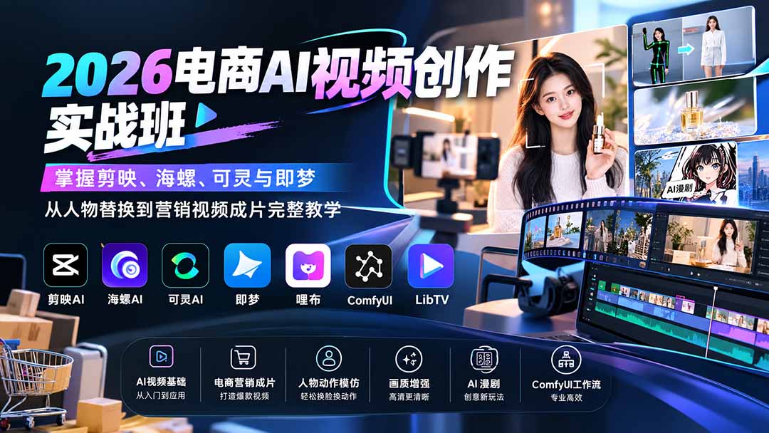 （20466期）2026电商AI视频创作实战班：掌握剪映、海螺、可灵与即梦，从人物替换到营销视频成片完整教学瀚萌资源网-网赚网-网赚项目网-虚拟资源网-国学资源网-易学资源网-本站有全网最新网赚项目-易学课程资源-中医课程资源的在线下载网站！瀚萌资源网