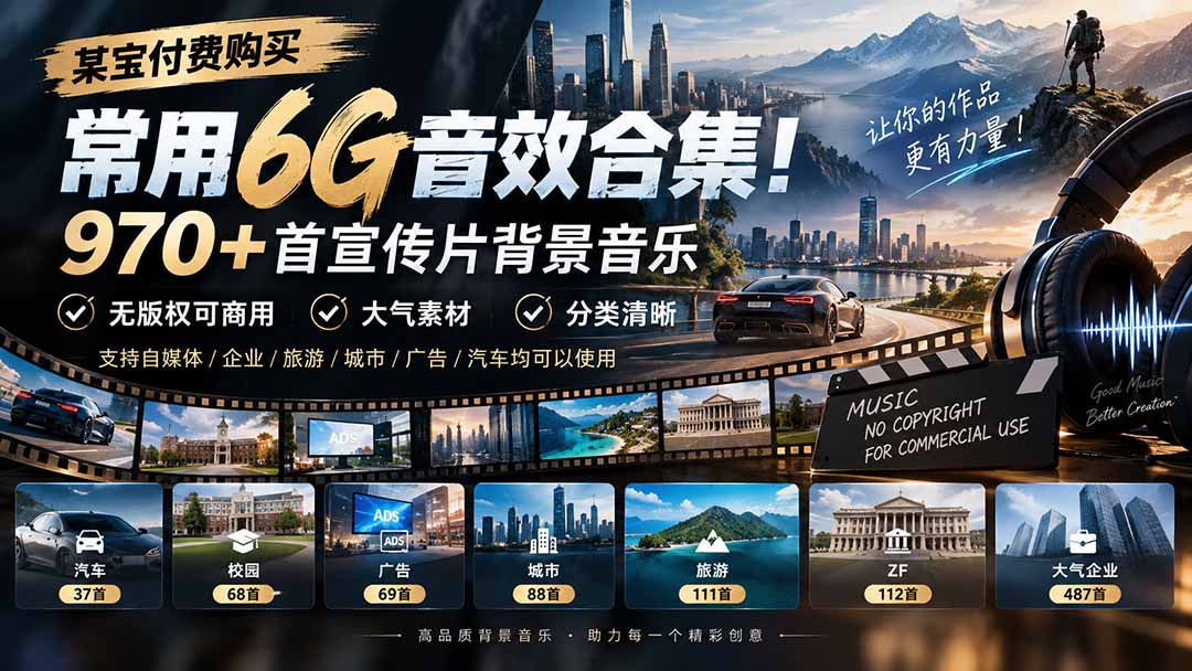 （20603期）某宝付费购买，常用6G音效合集！970+首宣传片背景音乐，无版权可商用大气素材，分类清晰瀚萌资源网-网赚网-网赚项目网-虚拟资源网-国学资源网-易学资源网-本站有全网最新网赚项目-易学课程资源-中医课程资源的在线下载网站！瀚萌资源网