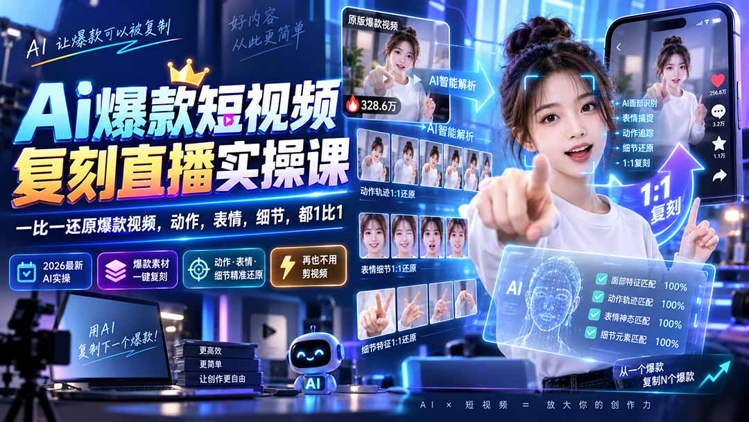 （20304期）最新Ai爆款短视频复刻直播实操课，一比一还原爆款视频，动作，表情，细节，都1比1瀚萌资源网-网赚网-网赚项目网-虚拟资源网-国学资源网-易学资源网-本站有全网最新网赚项目-易学课程资源-中医课程资源的在线下载网站！瀚萌资源网