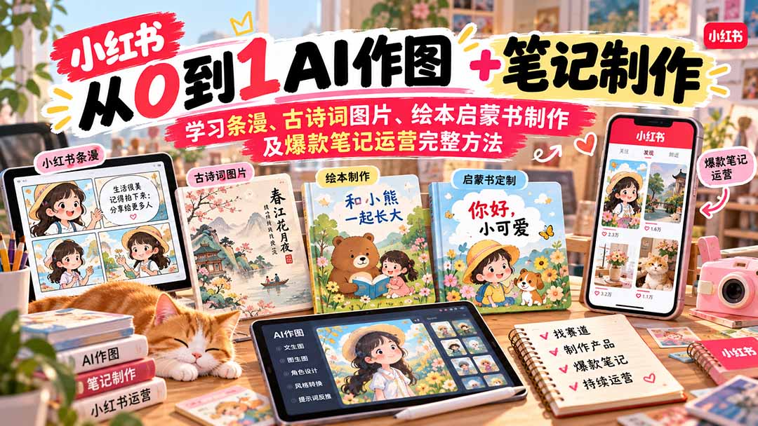 （20655期）2026小红书AI内容创作从0到1：学习条漫、古诗词图片、绘本启蒙书制作及爆款笔记运营完整方法瀚萌资源网-网赚网-网赚项目网-虚拟资源网-国学资源网-易学资源网-本站有全网最新网赚项目-易学课程资源-中医课程资源的在线下载网站！瀚萌资源网