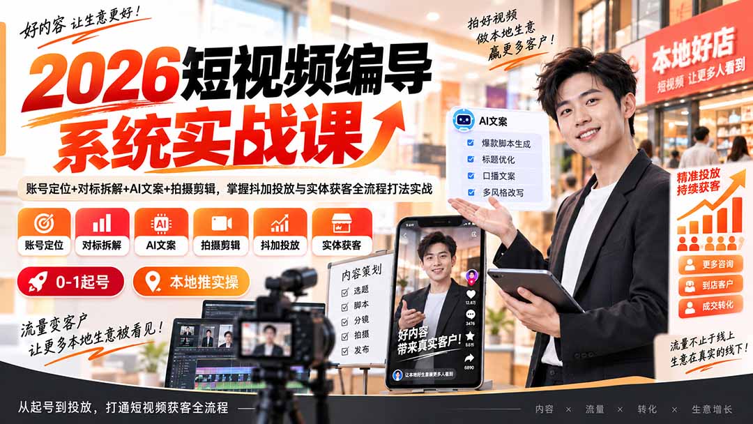 （20305期）2026短视频编导系统实战课：账号定位+对标拆解+AI文案+拍摄剪辑，掌握抖加投放与实体获客全流程打法实战瀚萌资源网-网赚网-网赚项目网-虚拟资源网-国学资源网-易学资源网-本站有全网最新网赚项目-易学课程资源-中医课程资源的在线下载网站！瀚萌资源网
