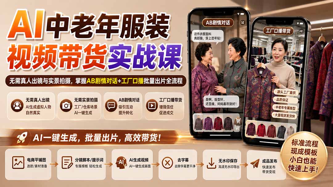 （20198期）AI中老年服装视频带货实战课：无需真人出镜与实景拍摄，掌握AB剧情对话+工厂口播批量出片全流程瀚萌资源网-网赚网-网赚项目网-虚拟资源网-国学资源网-易学资源网-本站有全网最新网赚项目-易学课程资源-中医课程资源的在线下载网站！瀚萌资源网