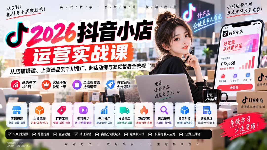（20568期）2026抖音小店运营实战课｜从店铺搭建、上货选品到千川推广、起店动销与发货售后全流程瀚萌资源网-网赚网-网赚项目网-虚拟资源网-国学资源网-易学资源网-本站有全网最新网赚项目-易学课程资源-中医课程资源的在线下载网站！瀚萌资源网