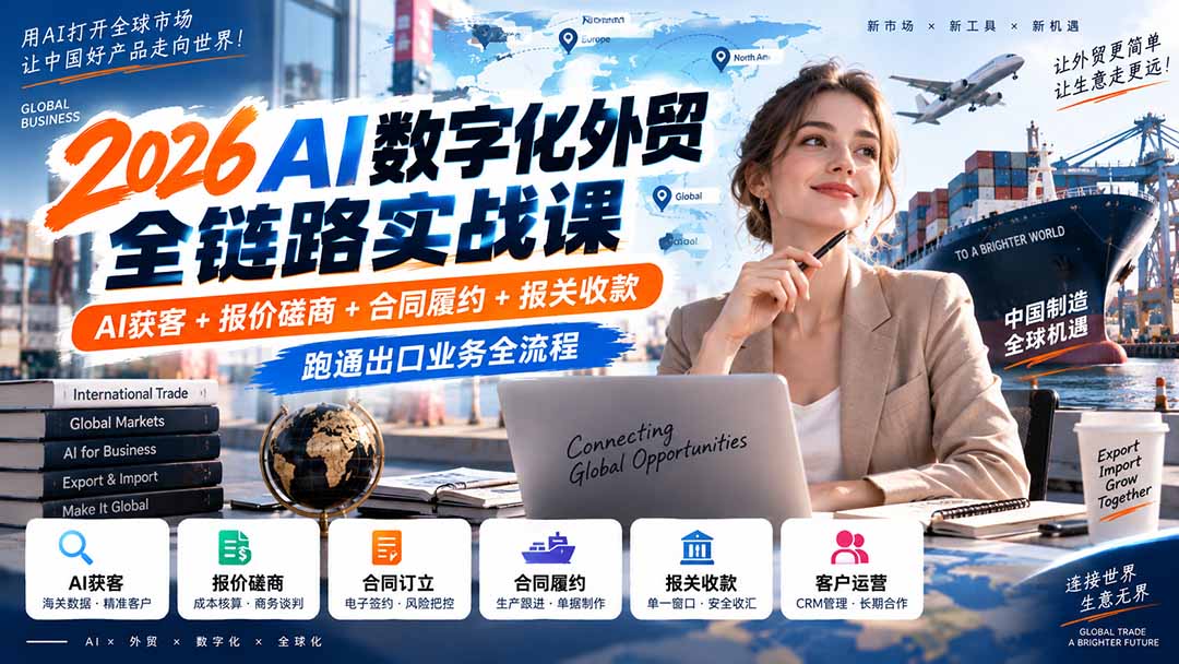 （20569期）2026AI数字化外贸全链路实战课：AI获客+报价磋商+合同履约+报关收款，跑通出口业务全流程瀚萌资源网-网赚网-网赚项目网-虚拟资源网-国学资源网-易学资源网-本站有全网最新网赚项目-易学课程资源-中医课程资源的在线下载网站！瀚萌资源网
