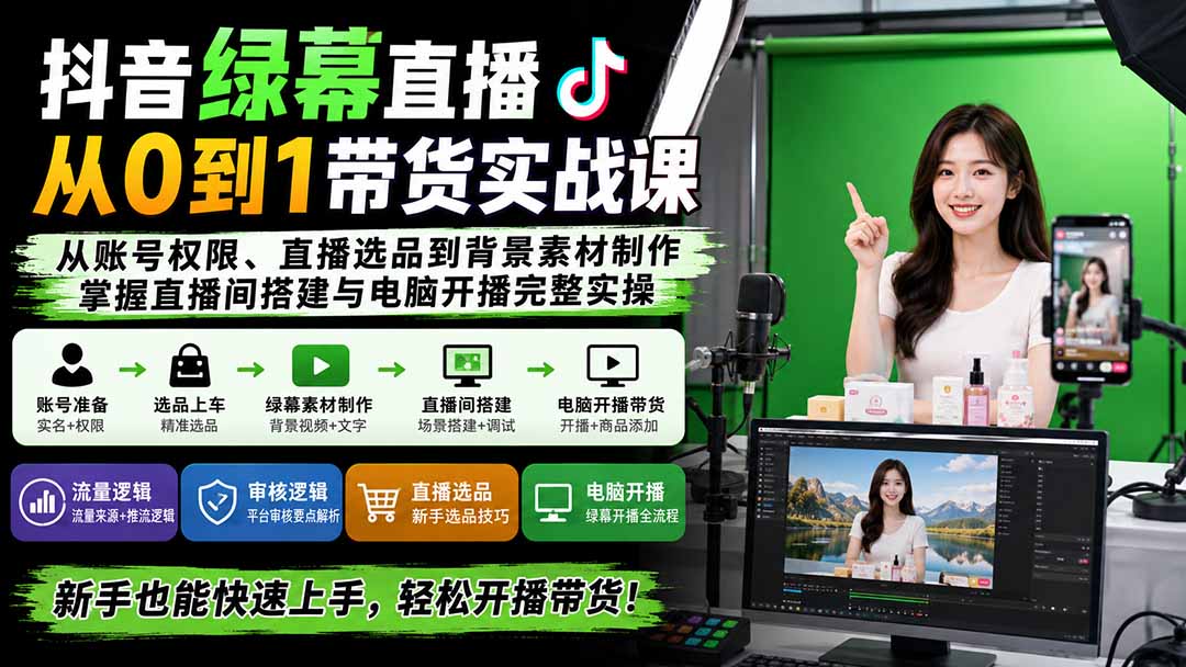 （20224期）抖音绿幕直播从0到1带货实战课：从账号权限、直播选品到背景素材制作，掌握直播间搭建与电脑开播完整实操瀚萌资源网-网赚网-网赚项目网-虚拟资源网-国学资源网-易学资源网-本站有全网最新网赚项目-易学课程资源-中医课程资源的在线下载网站！瀚萌资源网