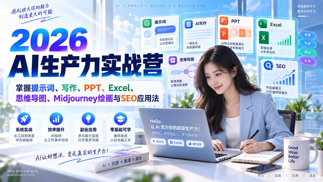 （20307期）2026AI生产力实战营：掌握提示词、写作、PPT、Excel、思维导图、Midjourney绘画与SEO应用法瀚萌资源网-网赚网-网赚项目网-虚拟资源网-国学资源网-易学资源网-本站有全网最新网赚项目-易学课程资源-中医课程资源的在线下载网站！瀚萌资源网