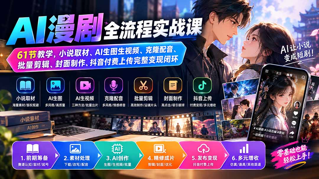 （20199期）AI漫剧全流程实战课｜61节教学，小说取材、AI生图生视频、克隆配音、批量剪辑、封面制作、抖音付费上传完整变现闭环瀚萌资源网-网赚网-网赚项目网-虚拟资源网-国学资源网-易学资源网-本站有全网最新网赚项目-易学课程资源-中医课程资源的在线下载网站！瀚萌资源网