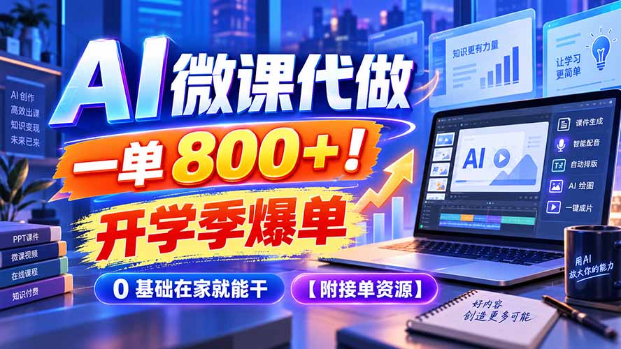 （20605期）AI 微课代做，一单 800+！开学季爆单，0 基础在家就能干【附接单资源】瀚萌资源网-网赚网-网赚项目网-虚拟资源网-国学资源网-易学资源网-本站有全网最新网赚项目-易学课程资源-中医课程资源的在线下载网站！瀚萌资源网