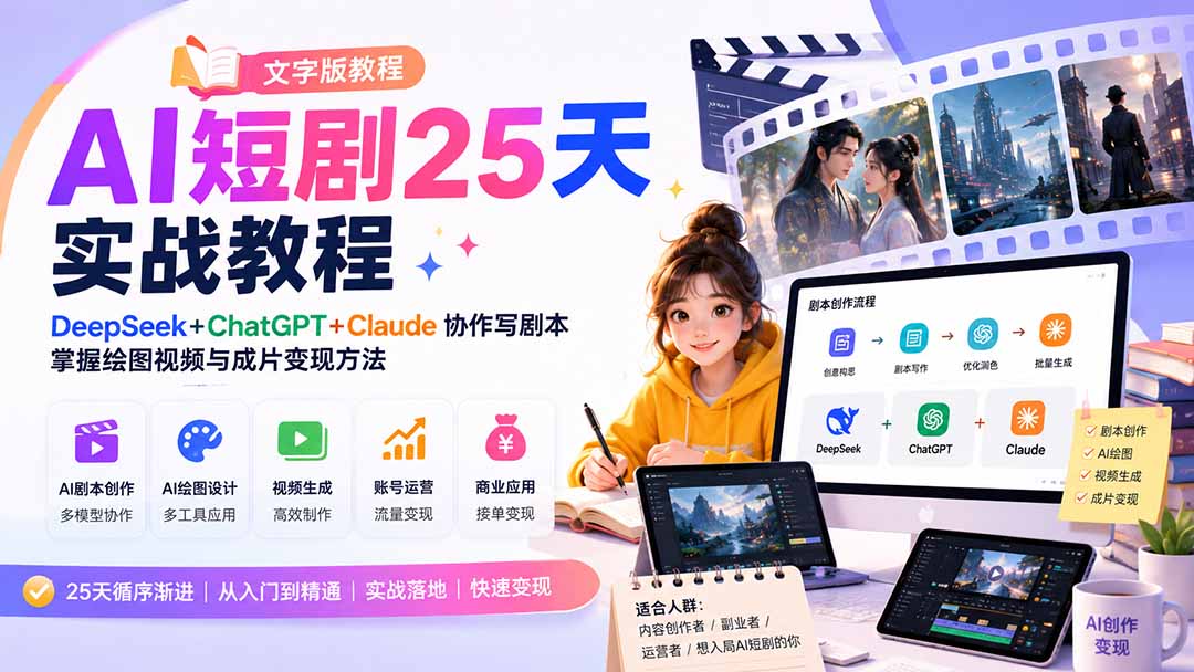 （20225期）AI短剧25天实战教程（文字版教程）：DeepSeek+ChatGPT+Claude协作写剧本，掌握绘图视频与成片变现方法瀚萌资源网-网赚网-网赚项目网-虚拟资源网-国学资源网-易学资源网-本站有全网最新网赚项目-易学课程资源-中医课程资源的在线下载网站！瀚萌资源网